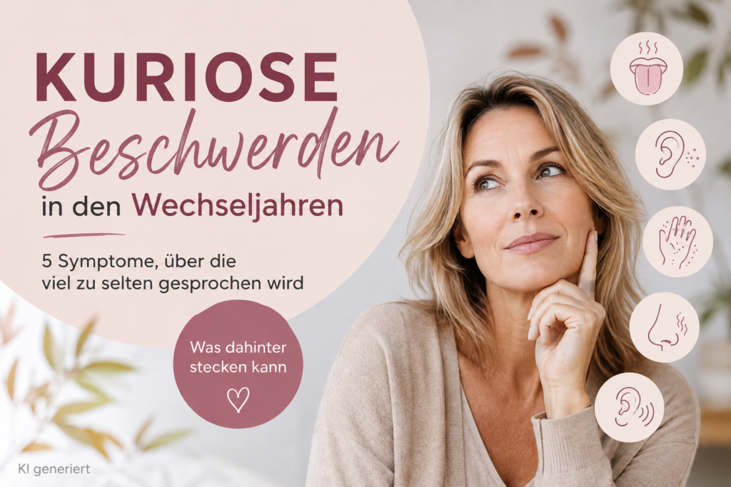 Eine nachdenkliche Frau neben dem Text "Kuriose Beschwerden in den Wechseljahren" sowie fünf Symbolen für Symptome wie brennende Zunge oder Tinnitus.